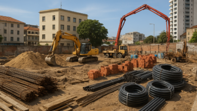 Estaleiro de construção pública com equipamentos e materiais em ambiente urbano moçambicano