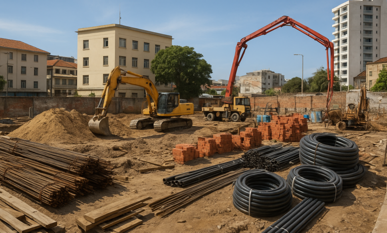 Estaleiro de construção pública com equipamentos e materiais em ambiente urbano moçambicano