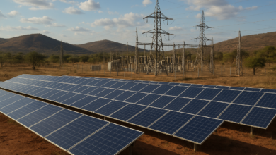 Painéis solares e infraestrutura energética em paisagem moçambicana sob céu aberto