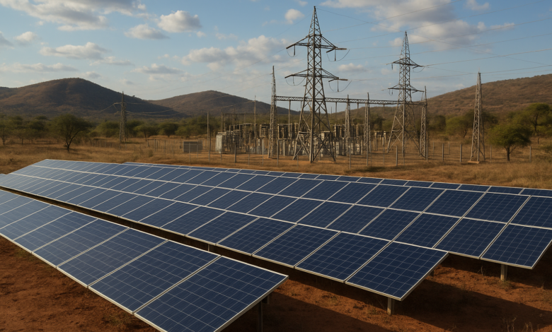 Painéis solares e infraestrutura energética em paisagem moçambicana sob céu aberto