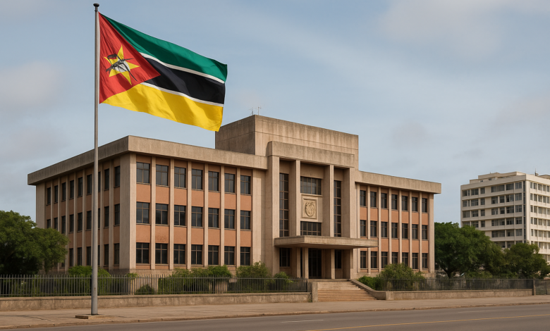 Edifício institucional moçambicano com bandeira nacional em ambiente urbano, imagem fotojornalística realista
