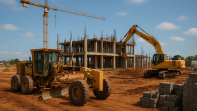 Equipamentos de construção numa obra pública em Moçambique, com materiais e estruturas em montagem