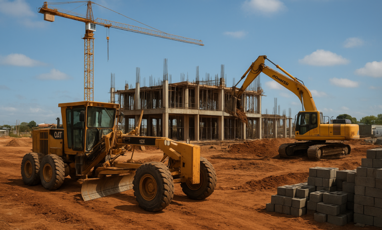 Equipamentos de construção numa obra pública em Moçambique, com materiais e estruturas em montagem