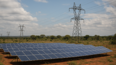 Instalação solar junto a linhas de transmissão eléctrica em paisagem rural moçambicana
