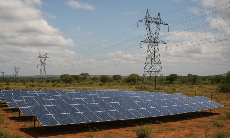 Instalação solar junto a linhas de transmissão eléctrica em paisagem rural moçambicana