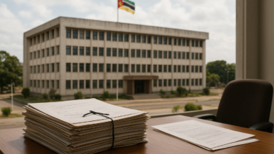 Edifício público moçambicano com documentos administrativos sobre uma mesa, em ambiente institucional