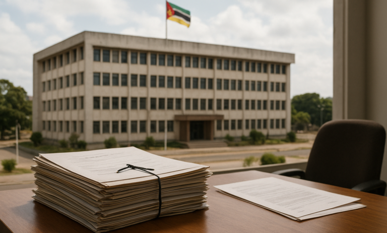 Edifício público moçambicano com documentos administrativos sobre uma mesa, em ambiente institucional