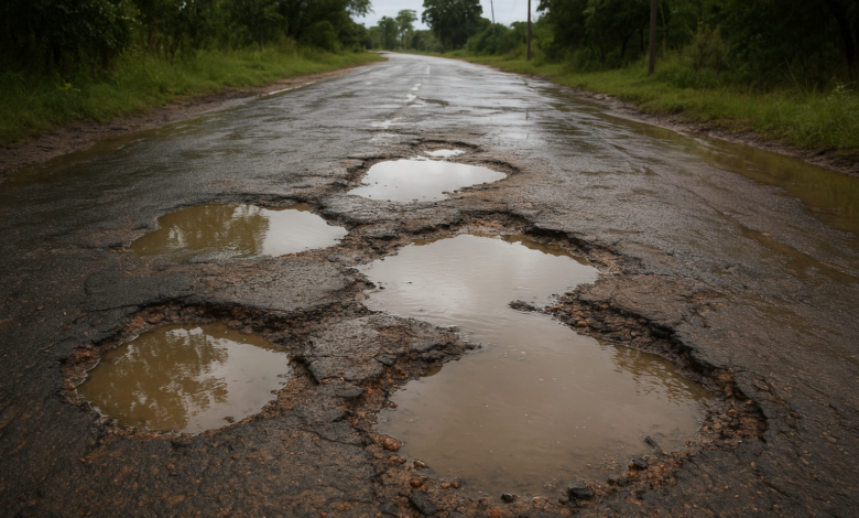 Troço de estrada nacional com água acumulada e buracos no pavimento após chuva