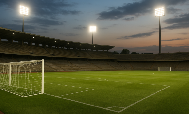 Estádio de futebol iluminado com balizas e relvado, em ambiente editorial realista