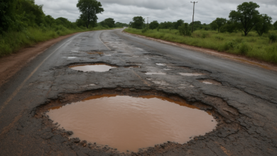 Troço de estrada nacional com água acumulada e buracos no pavimento após chuvas