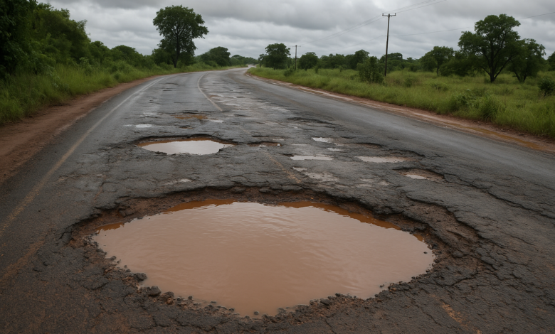 Troço de estrada nacional com água acumulada e buracos no pavimento após chuvas