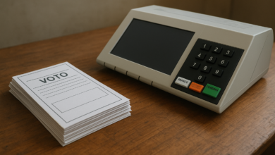Urna eletrônica e cédulas sobre mesa de votação em ambiente eleitoral
