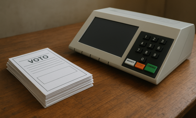 Urna eletrônica e cédulas sobre mesa de votação em ambiente eleitoral