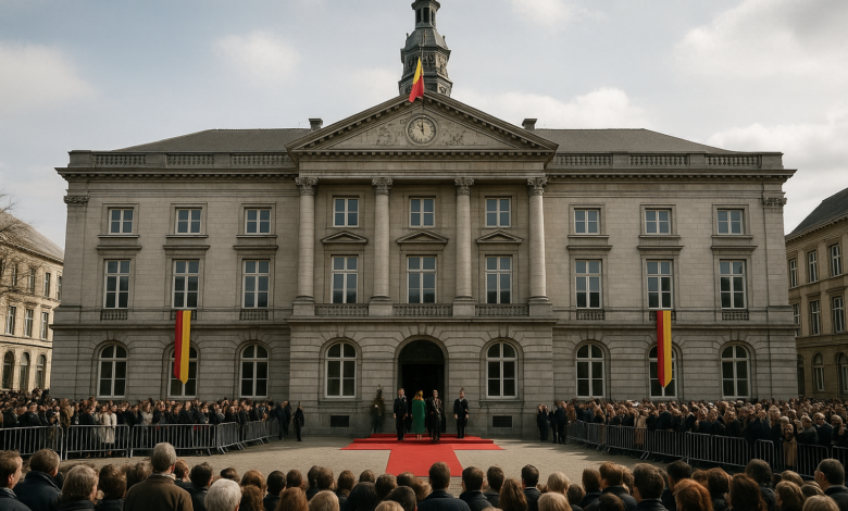 Edifício de prefeitura belga durante cerimónia familiar ligada à monarquia, em estilo fotojornalístico realista
