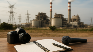 Mesa de trabalho com caderno e equipamento jornalístico junto a instalações industriais de energia