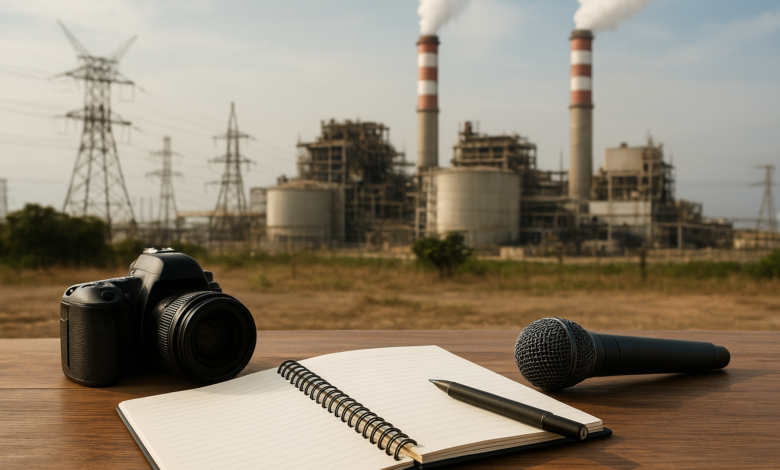 Mesa de trabalho com caderno e equipamento jornalístico junto a instalações industriais de energia