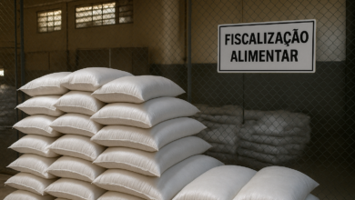 Sacos de sal armazenados numa área de fiscalização alimentar, sem pessoas identificáveis