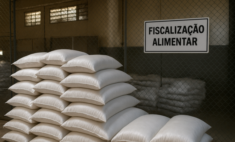 Sacos de sal armazenados numa área de fiscalização alimentar, sem pessoas identificáveis