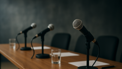 Microfones numa mesa de debate público em estúdio com iluminação jornalística realista