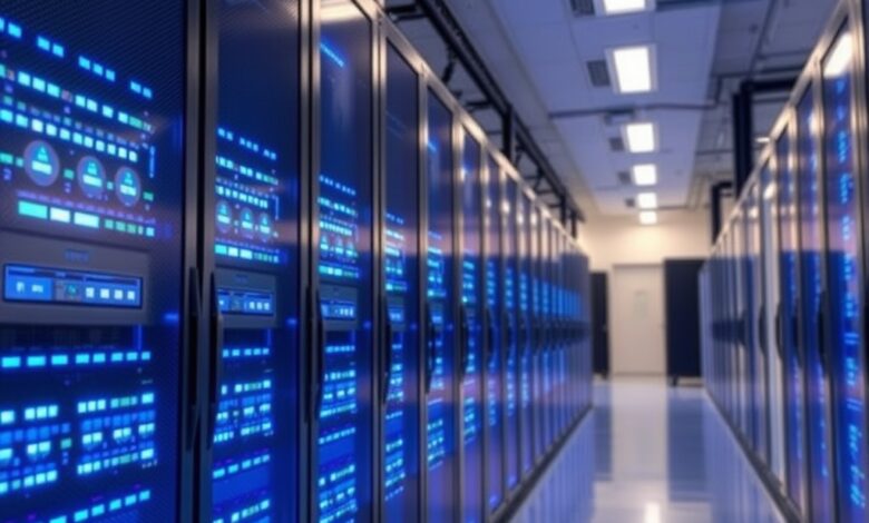 Centro de processamento de dados moderno com servidores iluminados em azul representando a infraestrutura de inteligência artificial.