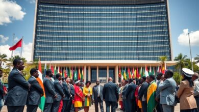 Bandeiras diplomáticas de grandes potências hasteadas frente a imponente edifício de conferências internacionais