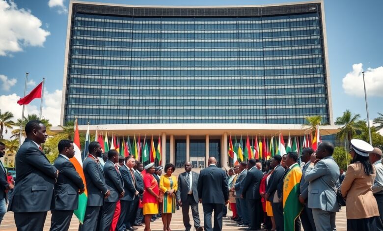 Bandeiras diplomáticas de grandes potências hasteadas frente a imponente edifício de conferências internacionais