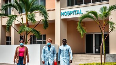 Edifício hospitalar público com profissionais de saúde e utentes em movimento no pátio exterior