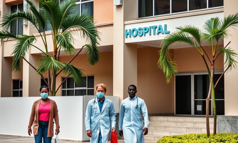 Edifício hospitalar público com profissionais de saúde e utentes em movimento no pátio exterior