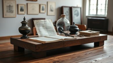 Documentos históricos e objetos de arquivo preservados cuidadosamente sobre uma mesa de madeira num museu nacional.