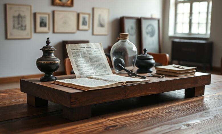 Documentos históricos e objetos de arquivo preservados cuidadosamente sobre uma mesa de madeira num museu nacional.