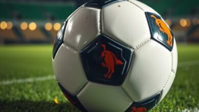 Bola de futebol profissional parada no relvado verde de um estádio iluminado para um jogo nocturno.