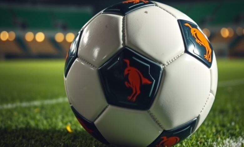 Bola de futebol profissional parada no relvado verde de um estádio iluminado para um jogo nocturno.