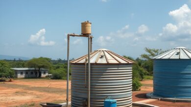 Infraestrutura moderna de abastecimento de água potável com torneiras comunitárias em zona rural no norte de Moçambique.
