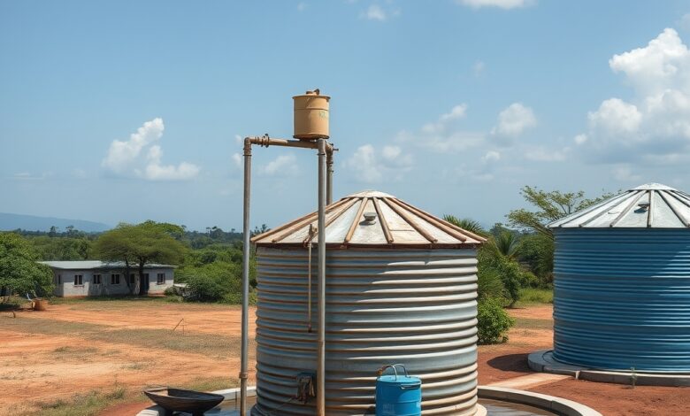 Infraestrutura moderna de abastecimento de água potável com torneiras comunitárias em zona rural no norte de Moçambique.