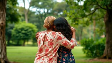 Duas mulheres adultas abraçadas num parque ao entardecer simbolizando união e reencontro familiar emocionante.