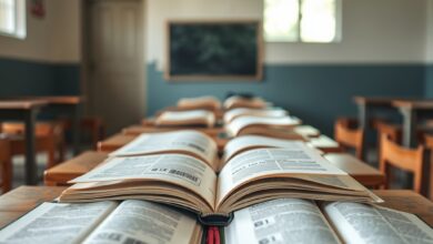Cadernos e livros abertos sobre carteira escolar de madeira em sala de aula vazia.