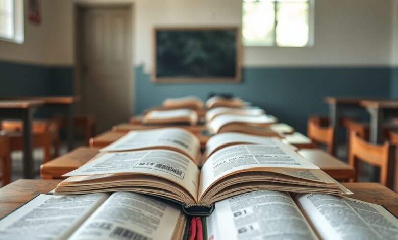 Cadernos e livros abertos sobre carteira escolar de madeira em sala de aula vazia.