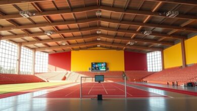 Estádio desportivo moderno com ecrãs digitais e equipamentos de treino sem pessoas visíveis sob luz natural.