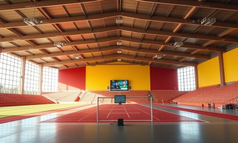 Estádio desportivo moderno com ecrãs digitais e equipamentos de treino sem pessoas visíveis sob luz natural.