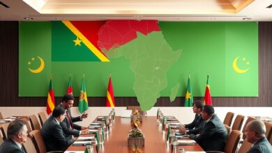 Bandeiras diplomáticas e mapa da África Austral numa mesa de conferência internacional sobre segurança e desenvolvimento.