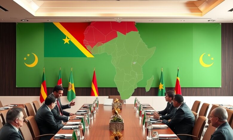 Bandeiras diplomáticas e mapa da África Austral numa mesa de conferência internacional sobre segurança e desenvolvimento.