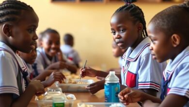 Criancas uniformizadas reunidas no refeitorio escolar recebendo alimentacao nutritiva durante o intervalo das aulas