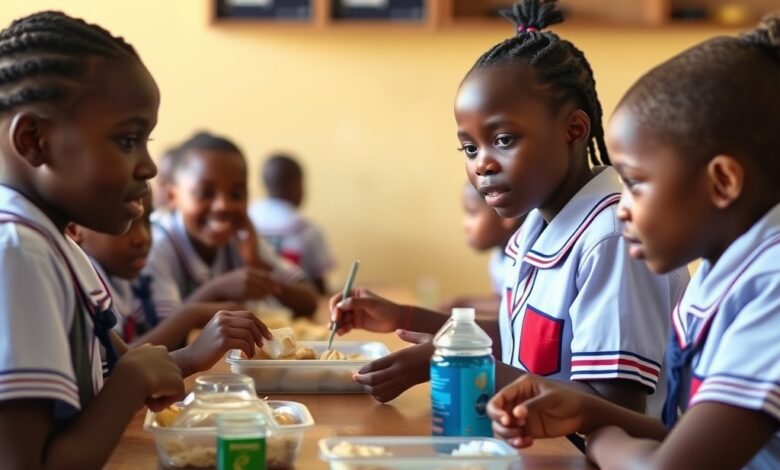 Criancas uniformizadas reunidas no refeitorio escolar recebendo alimentacao nutritiva durante o intervalo das aulas
