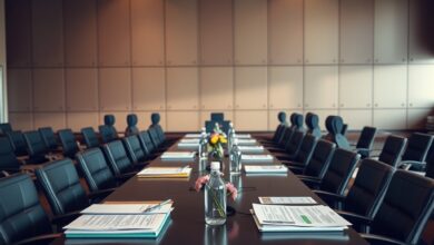 Mesa de reunião solene com documentos e pastas institucionais em sala de conferências em Maputo