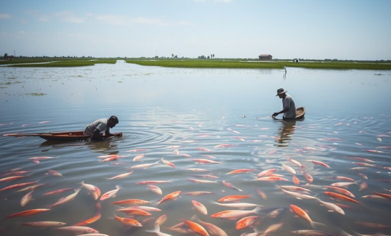 Tanques de aquacultura de água doce com pequenas redes de captura durante a criação de peixes em Moçambique.