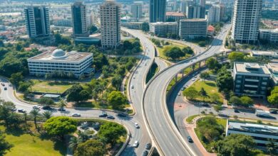 Vista panorâmica moderna de uma metrópole contemporânea com edifícios sustentáveis, ciclovias e extensos parques urbanos.