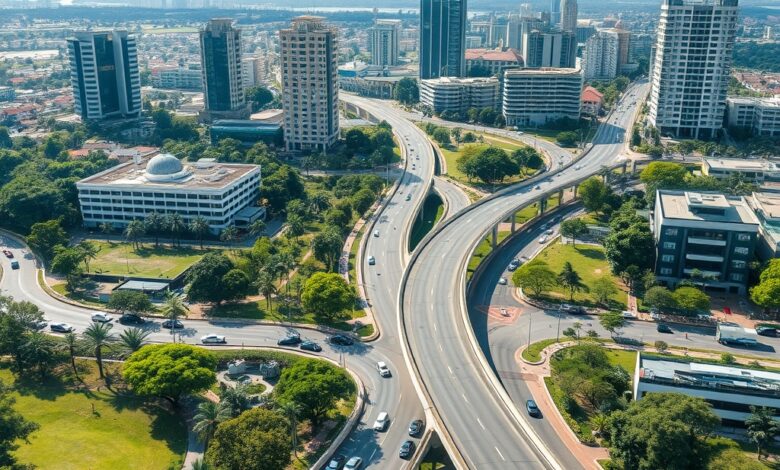 Vista panorâmica moderna de uma metrópole contemporânea com edifícios sustentáveis, ciclovias e extensos parques urbanos.