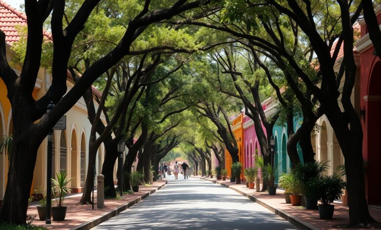 Rua arborizada e colorida com esplanadas acolhedoras e fachadas de arquitetura urbana contemporânea ao entardecer.