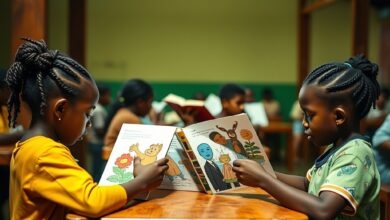 Criancas sentadas em mesas de madeira num espaco comunitario luminoso a ler livros ilustrados e coloridos