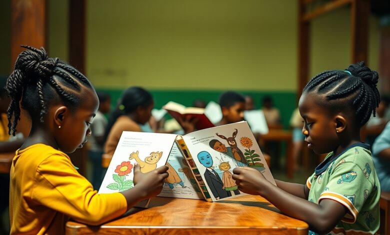Criancas sentadas em mesas de madeira num espaco comunitario luminoso a ler livros ilustrados e coloridos